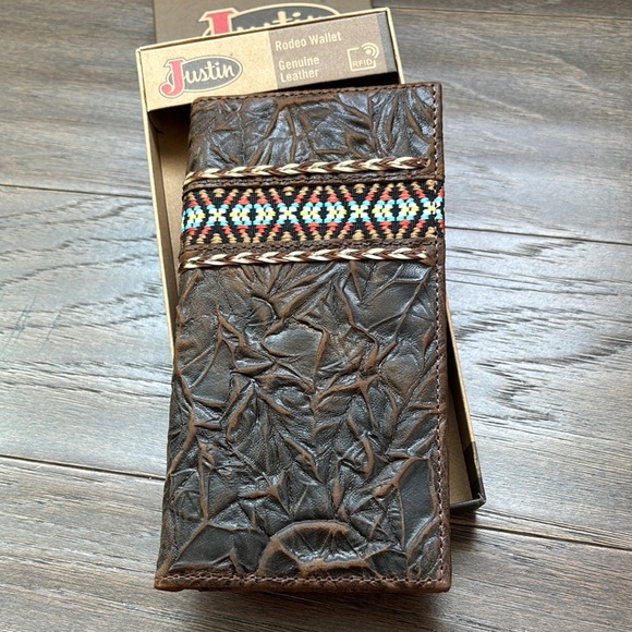 Justin Boots Genuine Leather, RFID,Horsehair braid,Aztec stitching Rodeo bifold - Picture 1 of 10